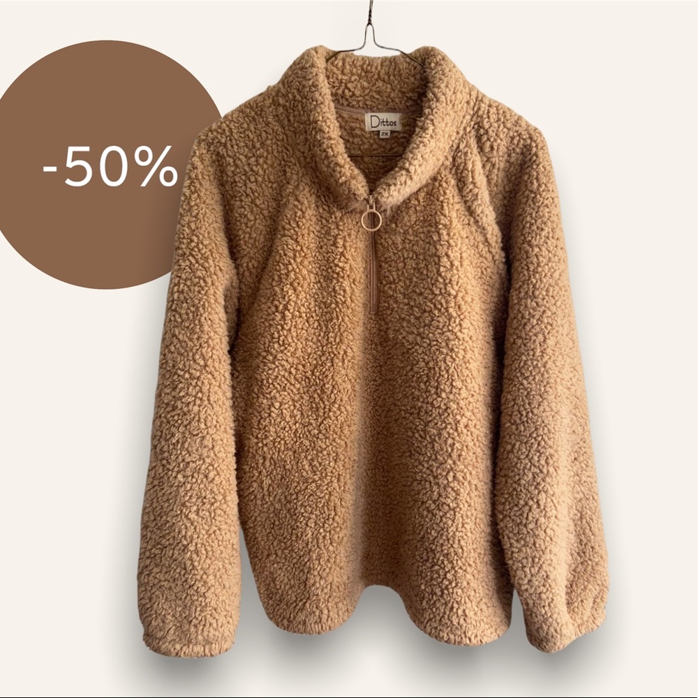 Quarter Zip Sweater Sherpa Pullover Tan Super Cozy Soft Fleece Dittos